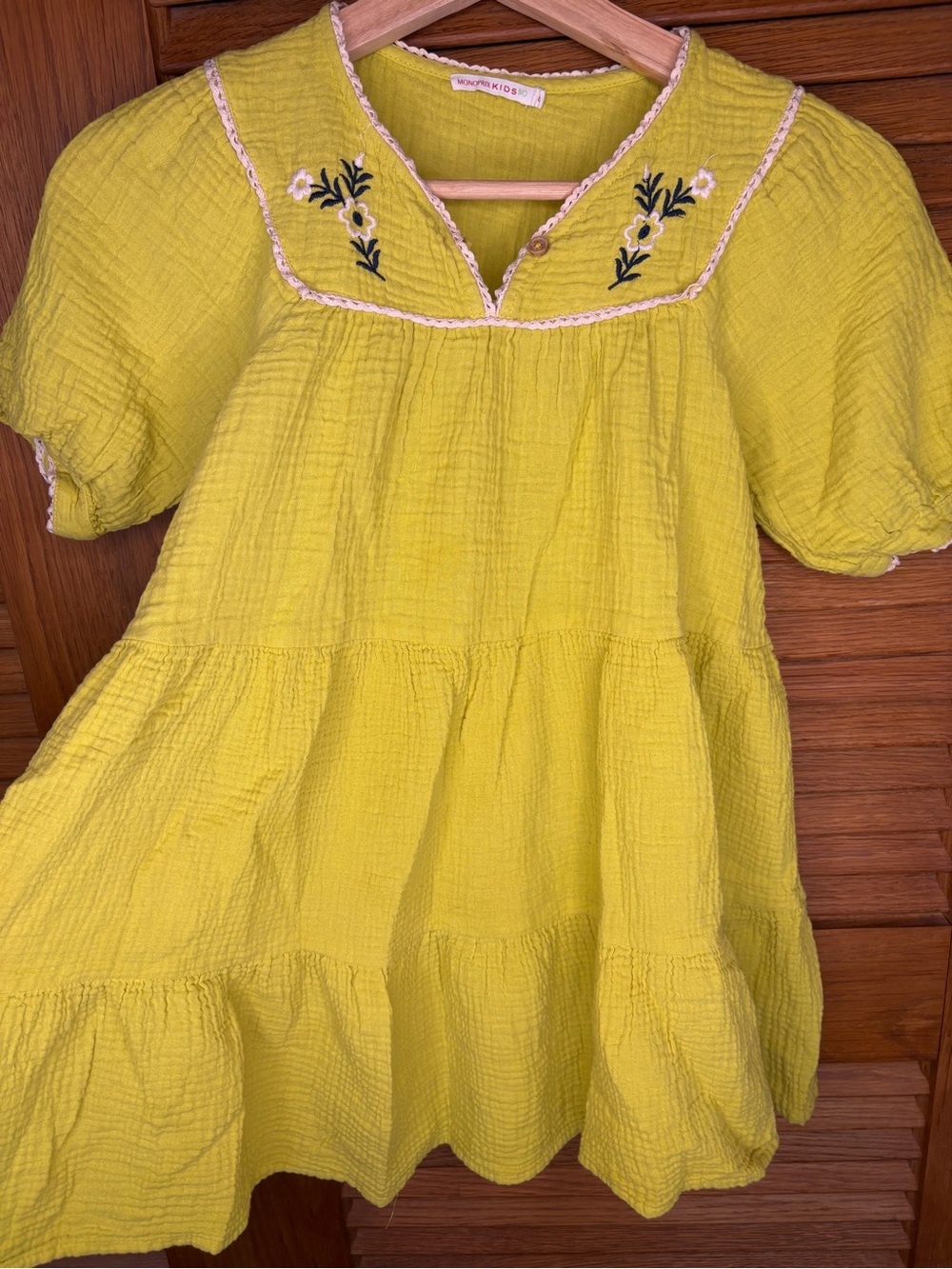 Monoprix Kids Yellow Embroidered Cotton Dress - Floral Detail